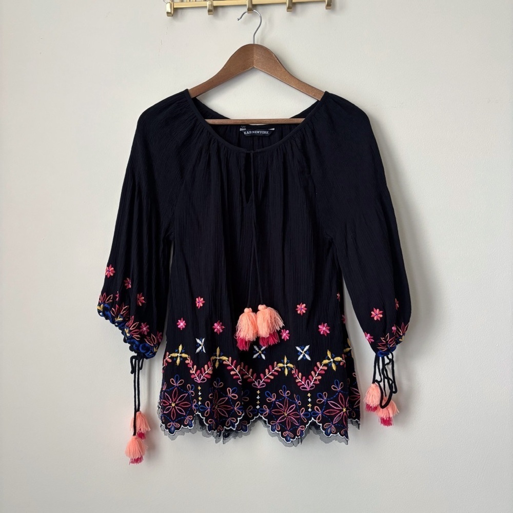 KAS New York Black Floral Embroidered Blouse Small Boho Festival